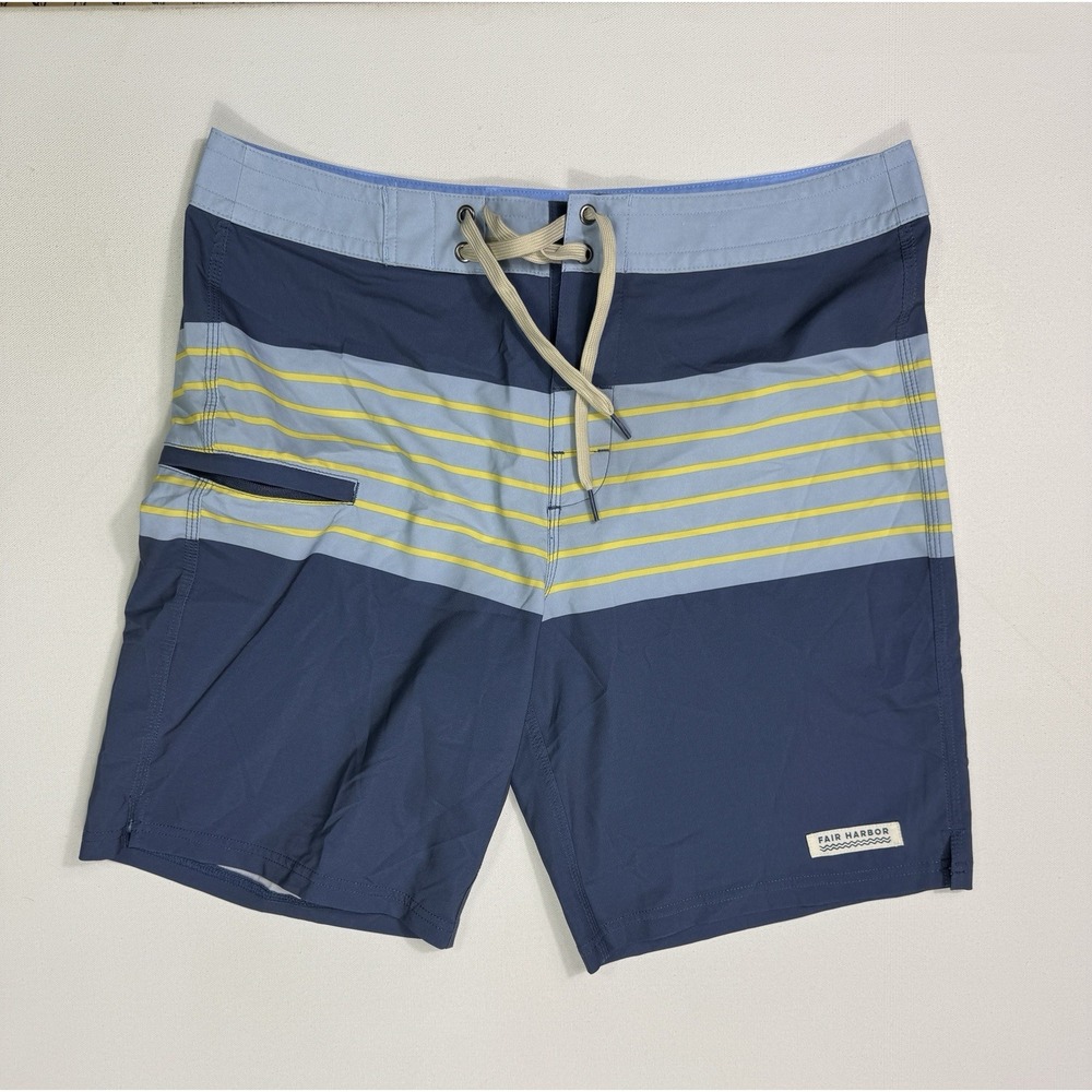 Fair Harbor Swim Trunks Mens 32x9 Blue Yellow Performance Unlined Shorts Pockets